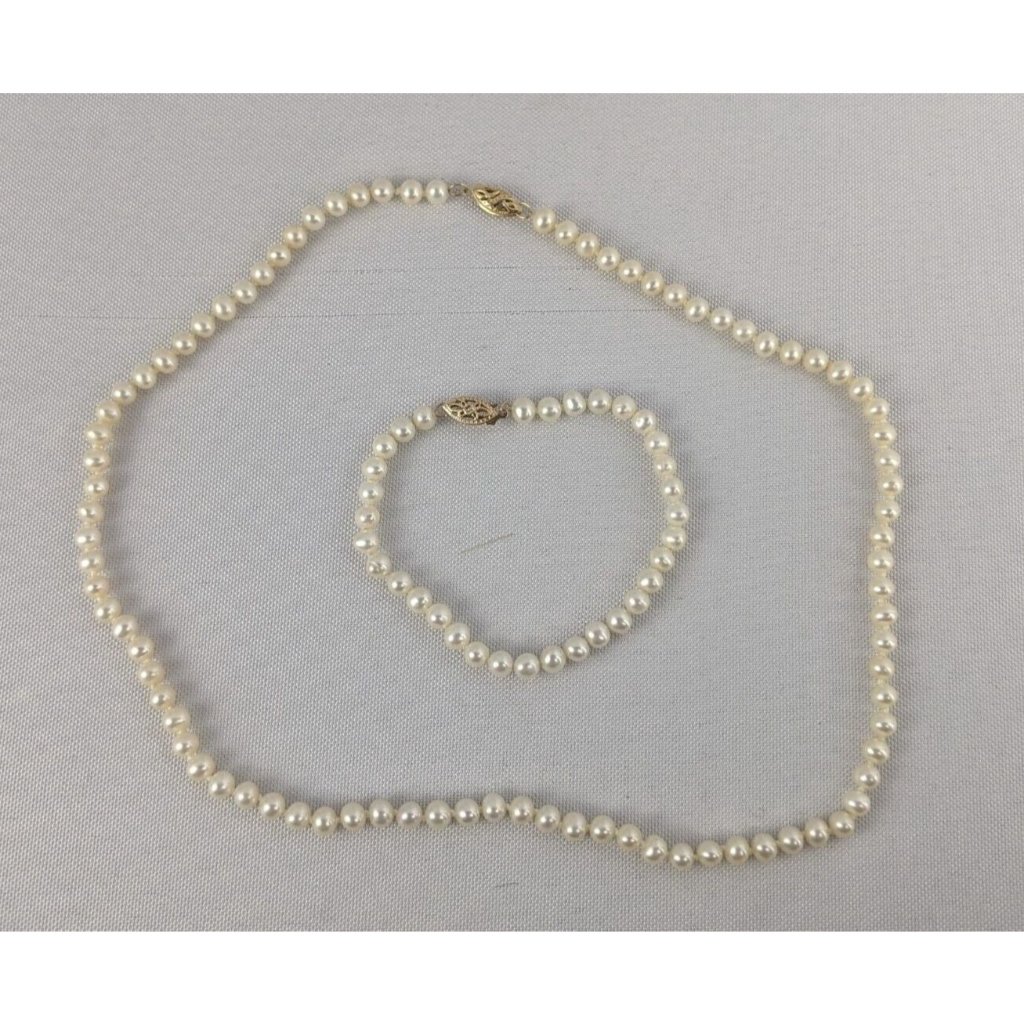 Ips & Roc White Pearl 14k Gold Bracelet & Necklace Set